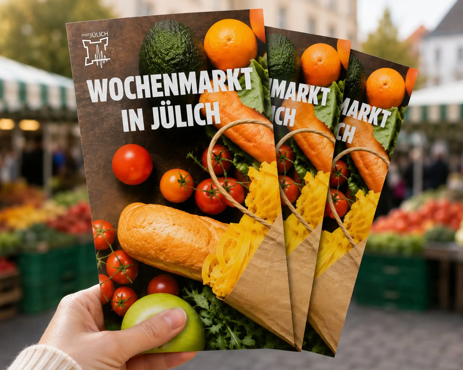 Der neue Flyer wird auf dem Wochenmarkt und in der Innenstadt verteilt, um Interessierte gut zu informieren. Grafik: Stadt Jülich/Gisa Stein Pressekontakt: Gisa Stein Stadtmarketing Tel.: 02461 / 63 – 418 Fax: 02461 / 63 – 362 GStein@juelich.de Stadt Jülich Große Rurstraße 17 52428 Jülich