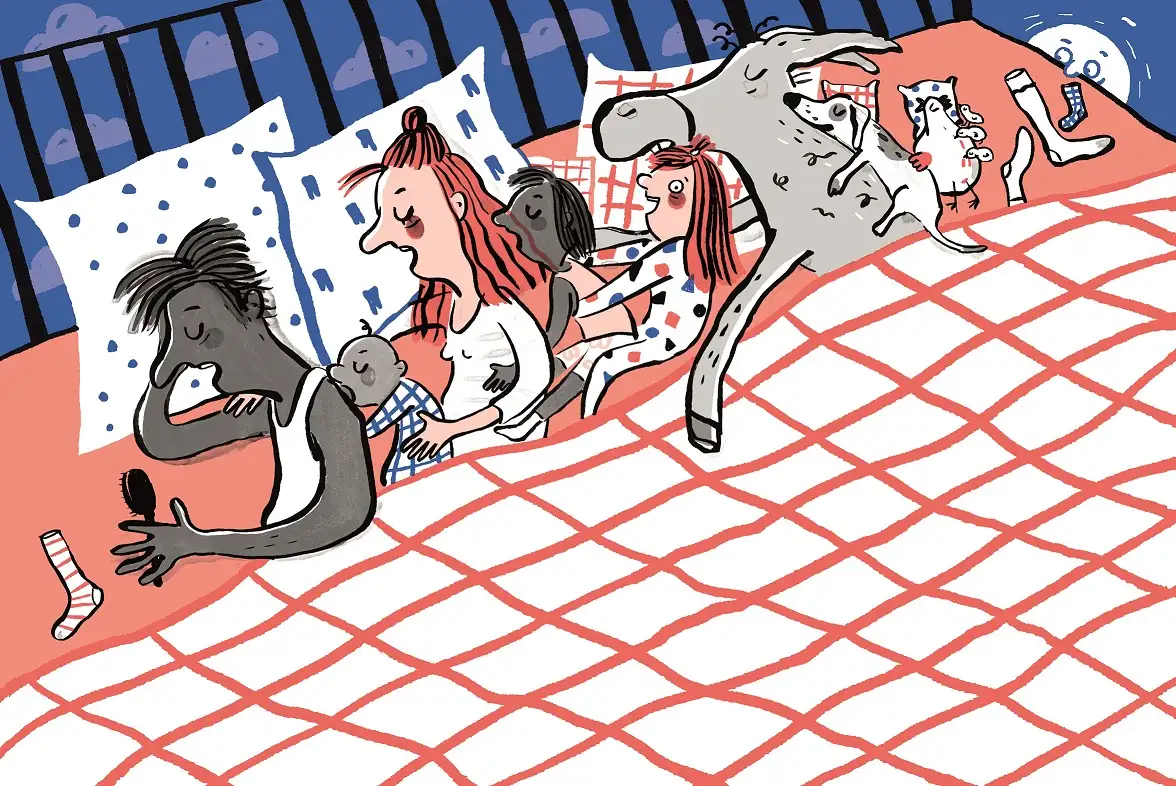 Wie Familie aussehen kann, wird unter anderem im Bilderbuch „Schlafen wie die Rüben“ von Finn-Ole Heinrich und Dita Zipfel mit Illustrationen von Tine Schulz gezeigt. Illustration: Stadt Monheim am Rhein / Tine Schulz