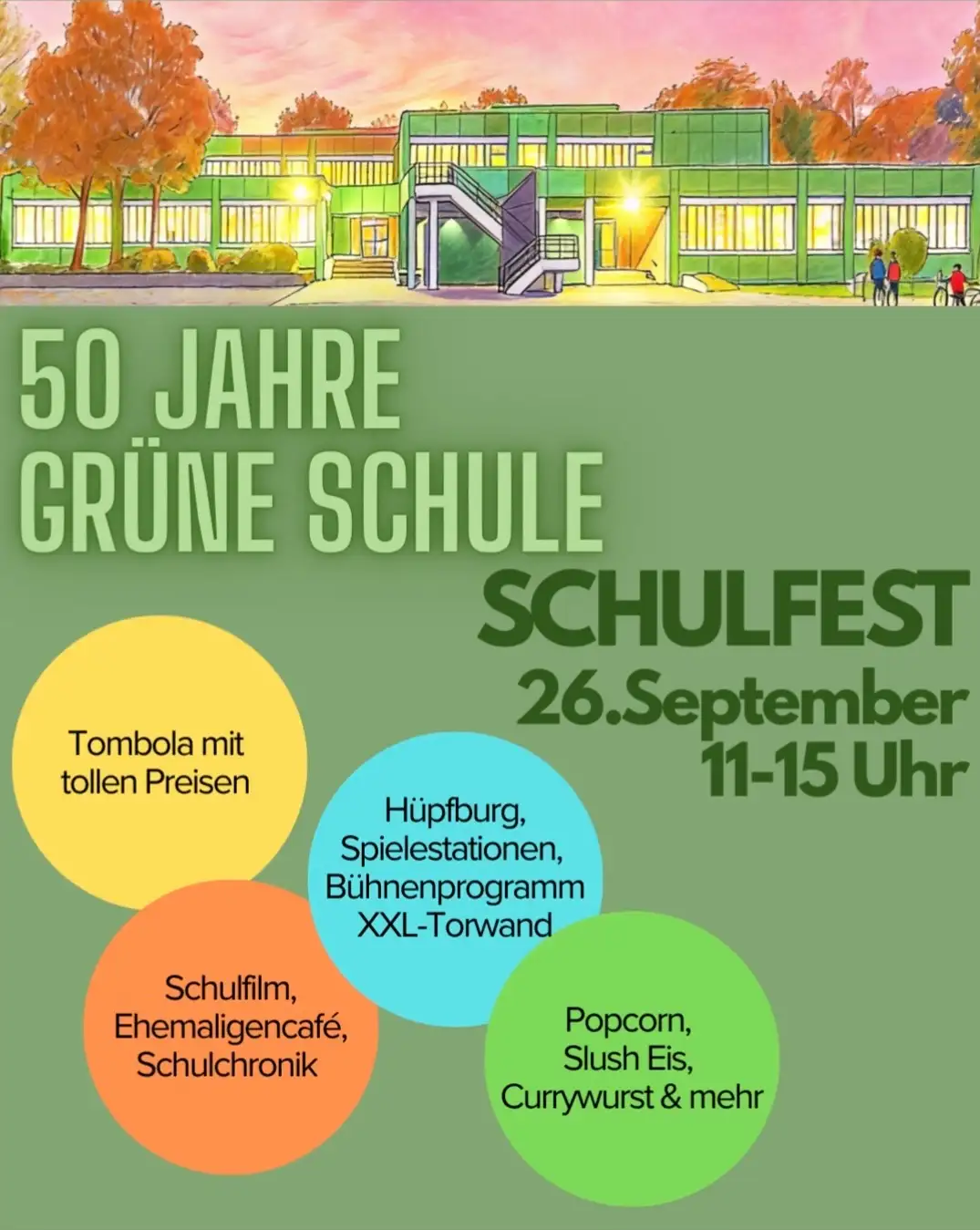 Plakat zum Schulfest der Grünen Schule in Barkenberg mit Text und grafischen Gestaltungselementen.