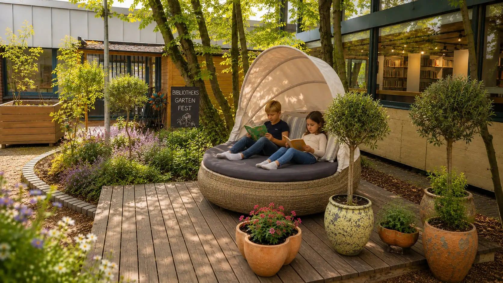 Im Bibliotheksgarten hat sich viel getan: Durch eine städtische Förderung konnten nun unter anderem Bäume, Sträucher und Gartenmöbel angeschafft werden.