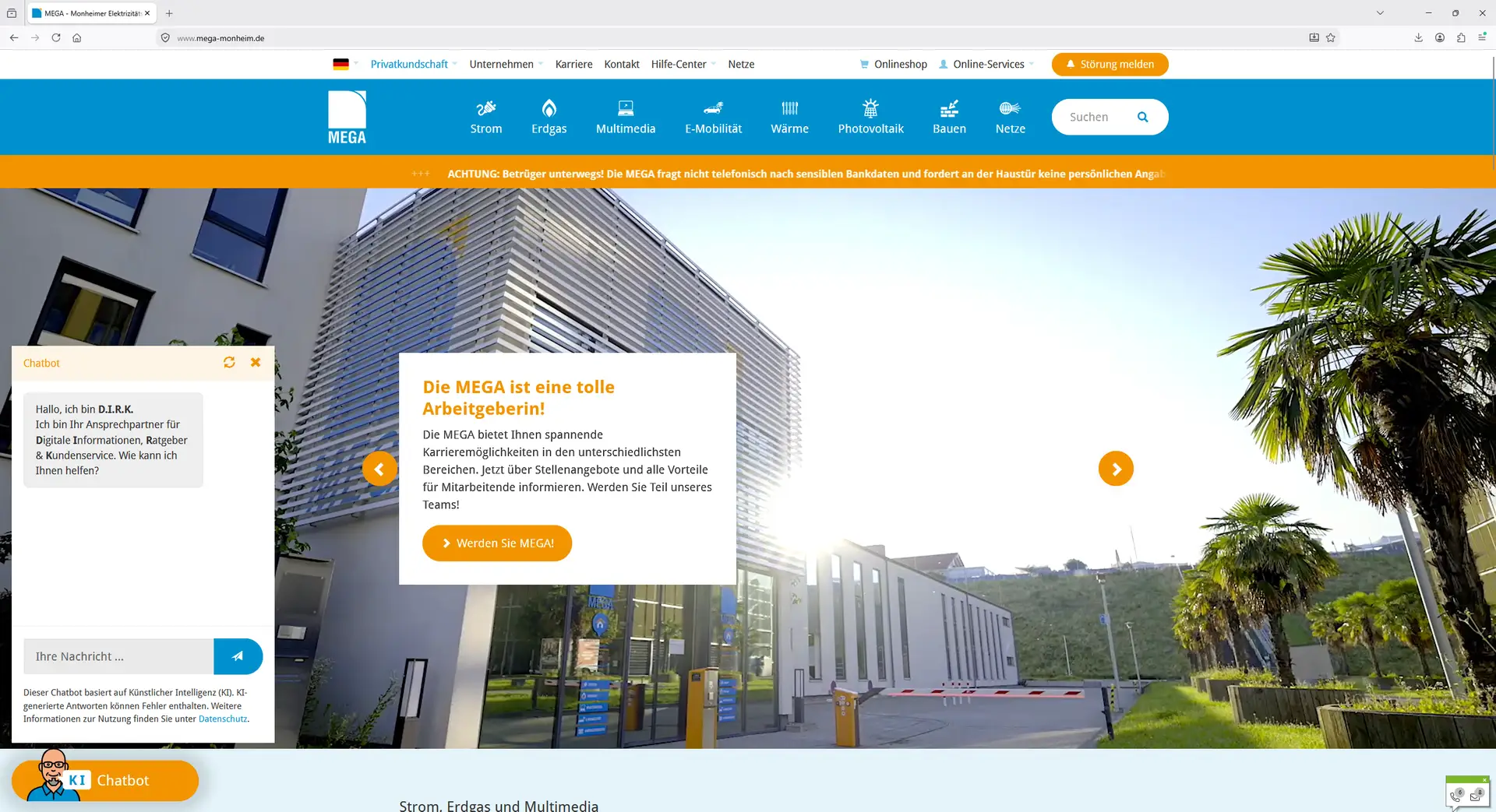 Die KI als Mehrwert für Kundinnen und Kunden: Die MEGA setzt einen Chatbot im Kundenservice ein. Screenshot: Pia Mahr / Stadt Monheim am Rhein