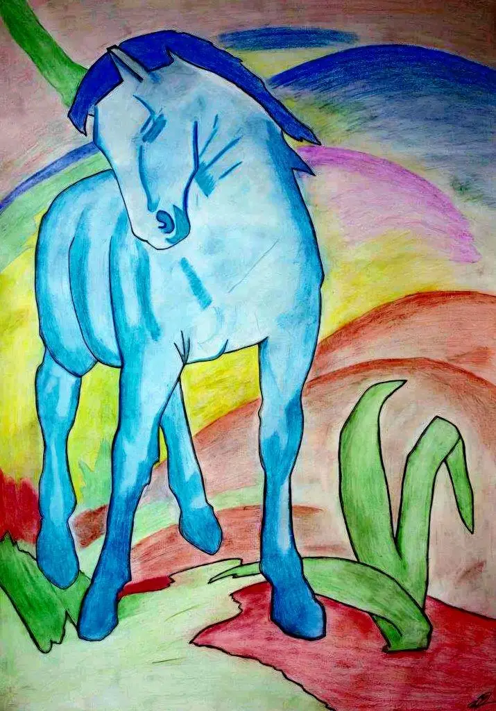Gezeichnetes blaues Pferd in stilisierter Darstellung.