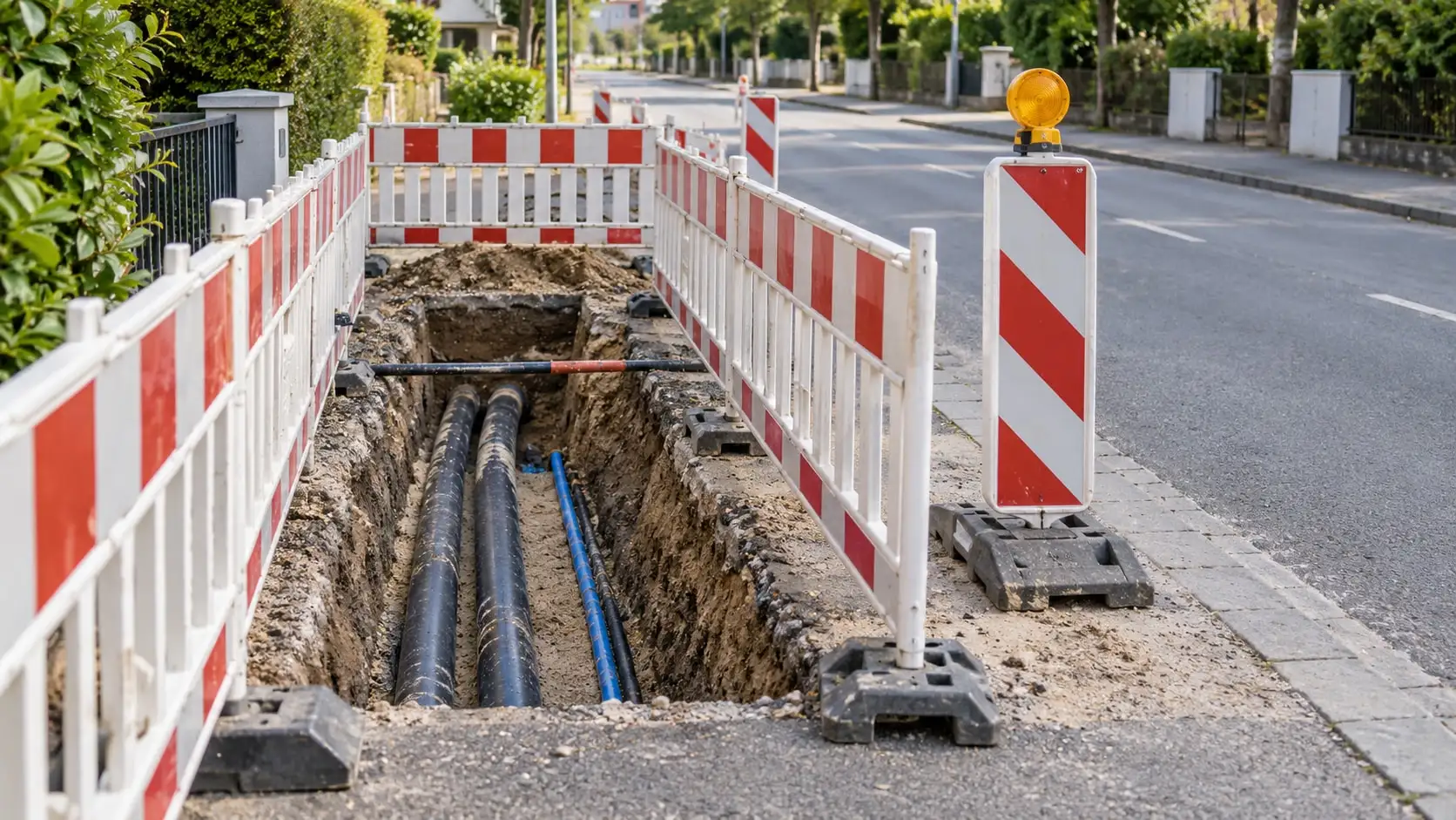 Leitungsarbeiten unter einer Straße an einem nicht identifizierbaren Ort.