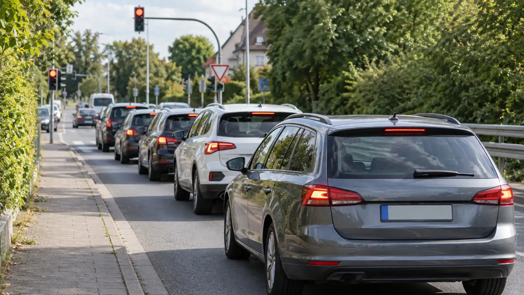 Verkehrsstau auf einer Straße an einem nicht identifizierbaren Ort.