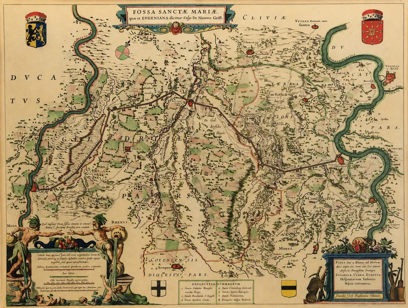 Karte des unvollendeten Kanals Fossa Eugeniana zwischen Rhein und Maas aus dem Atlas von Willem Janszoon Blaeu.