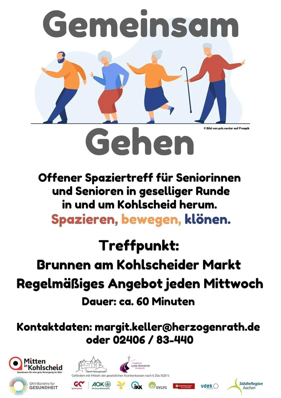 Flyer für den offenen Spaziertreff „Gemeinsam Gehen“ in Kohlscheid. Er nennt den Treffpunkt am Kohlscheider Markt, den Termin mittwochs um 15 Uhr und die Stadt Herzogenrath als Veranstalter.