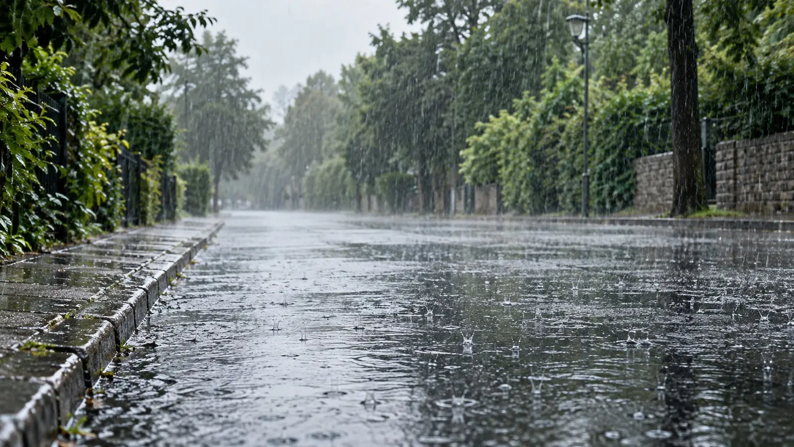 Starker Regen auf einer Straße. Neutrale Alltagskulisse ohne behaupteten Aufnahmeort.