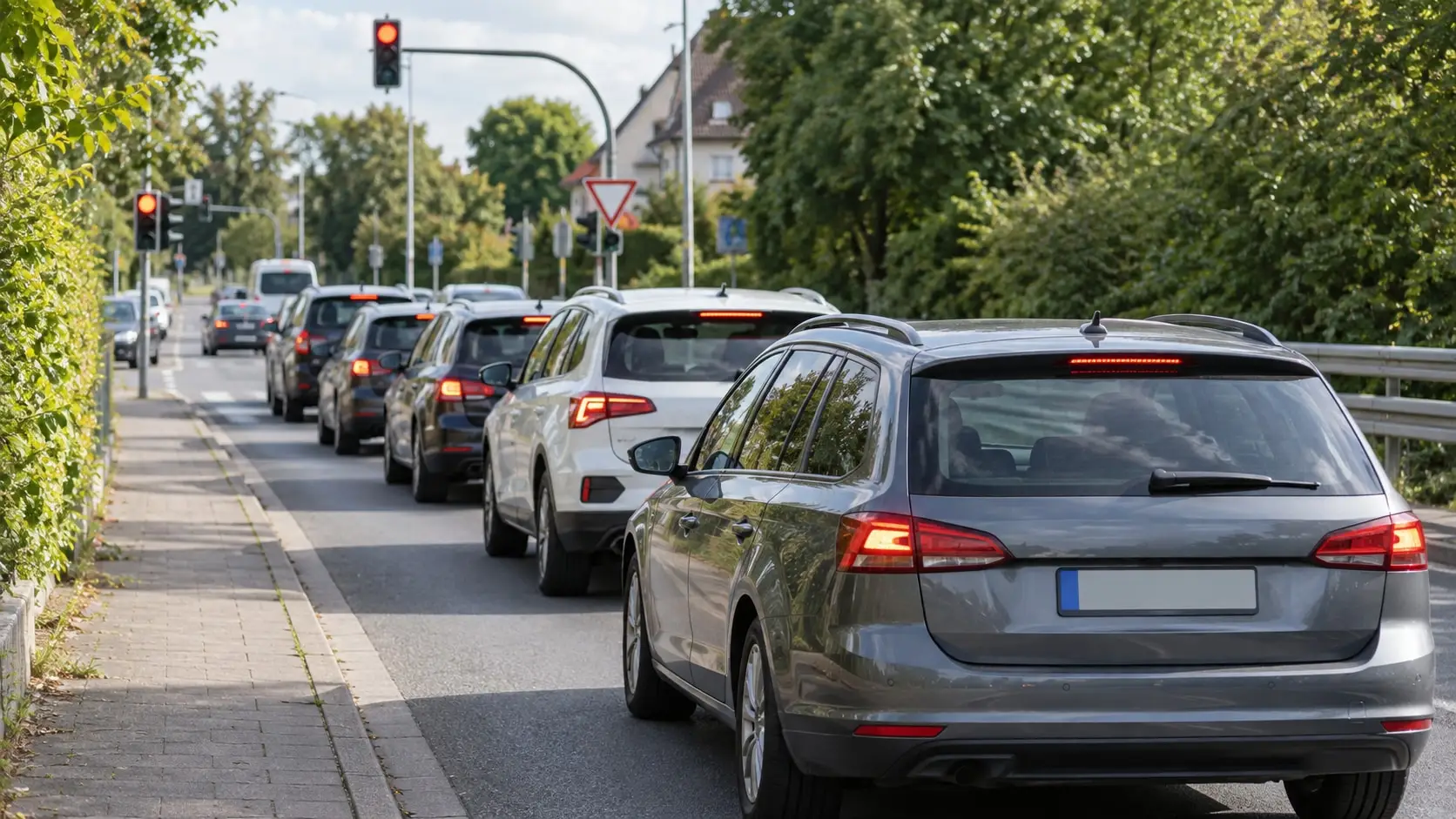 Verkehrsstau auf einer Straße an einem nicht identifizierbaren Ort.