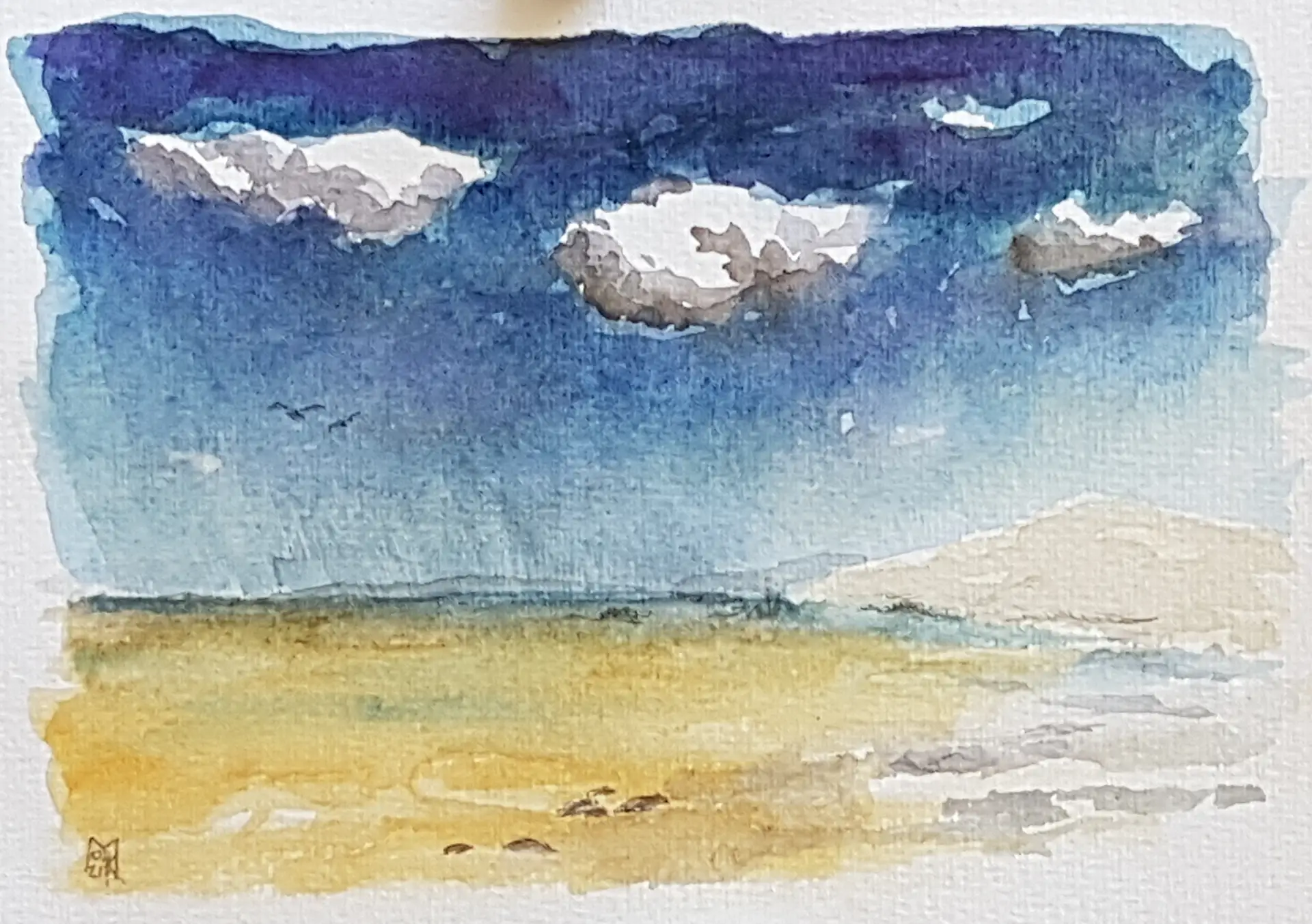 Aquarellgemälde mit einem Gewässer und Landschaftsmotiven in gedeckten Farben.